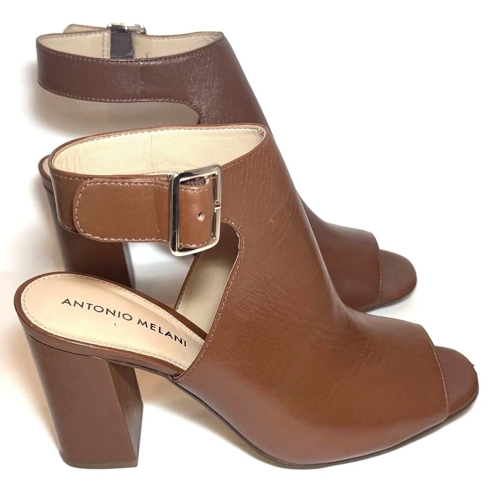 Antonio Melani Iven Brown Leather Peep Toe Slingback Block Heel Sandals 7.5M